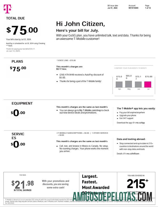 Conta mensal de serviços públicos da USA T Mobile, 12 páginas baixar para verificação